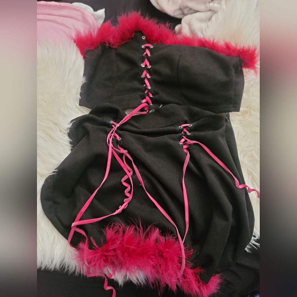 Bratz Shein Fur Trim Cropped Tube Ribbom Top Mini Skirt Set 0XL